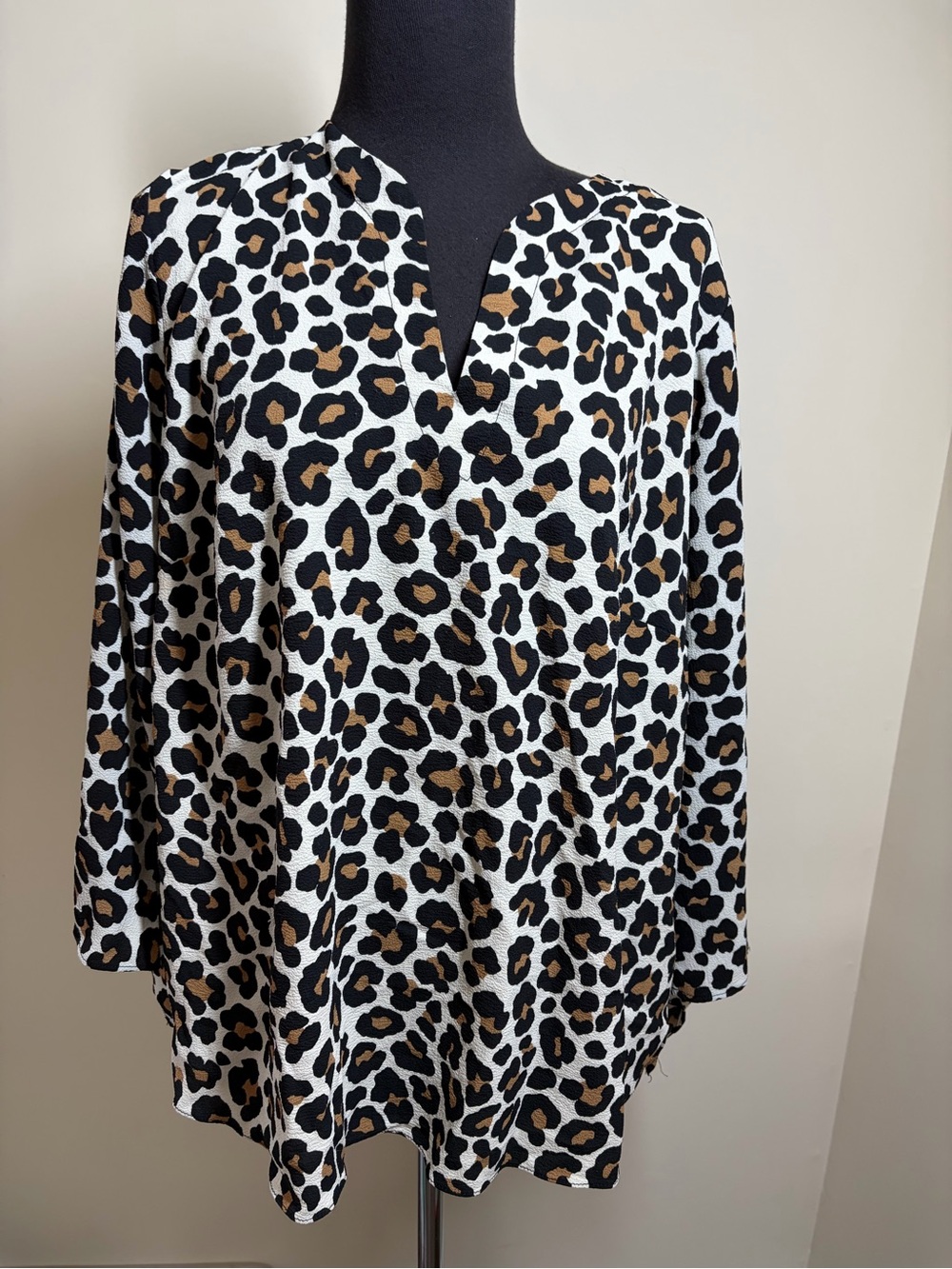 Michael Kors Leopard-Print Split-Neck Top - White, Black & Brown